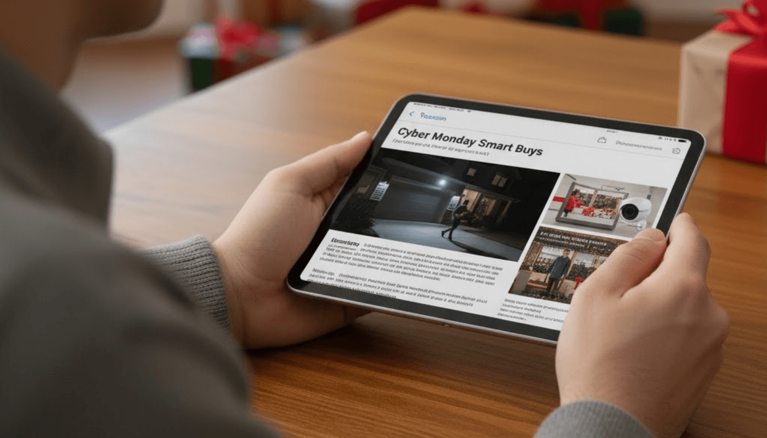 Safer Homes - man shopping for smart home security cameras on his tablet on Cyber Monday 