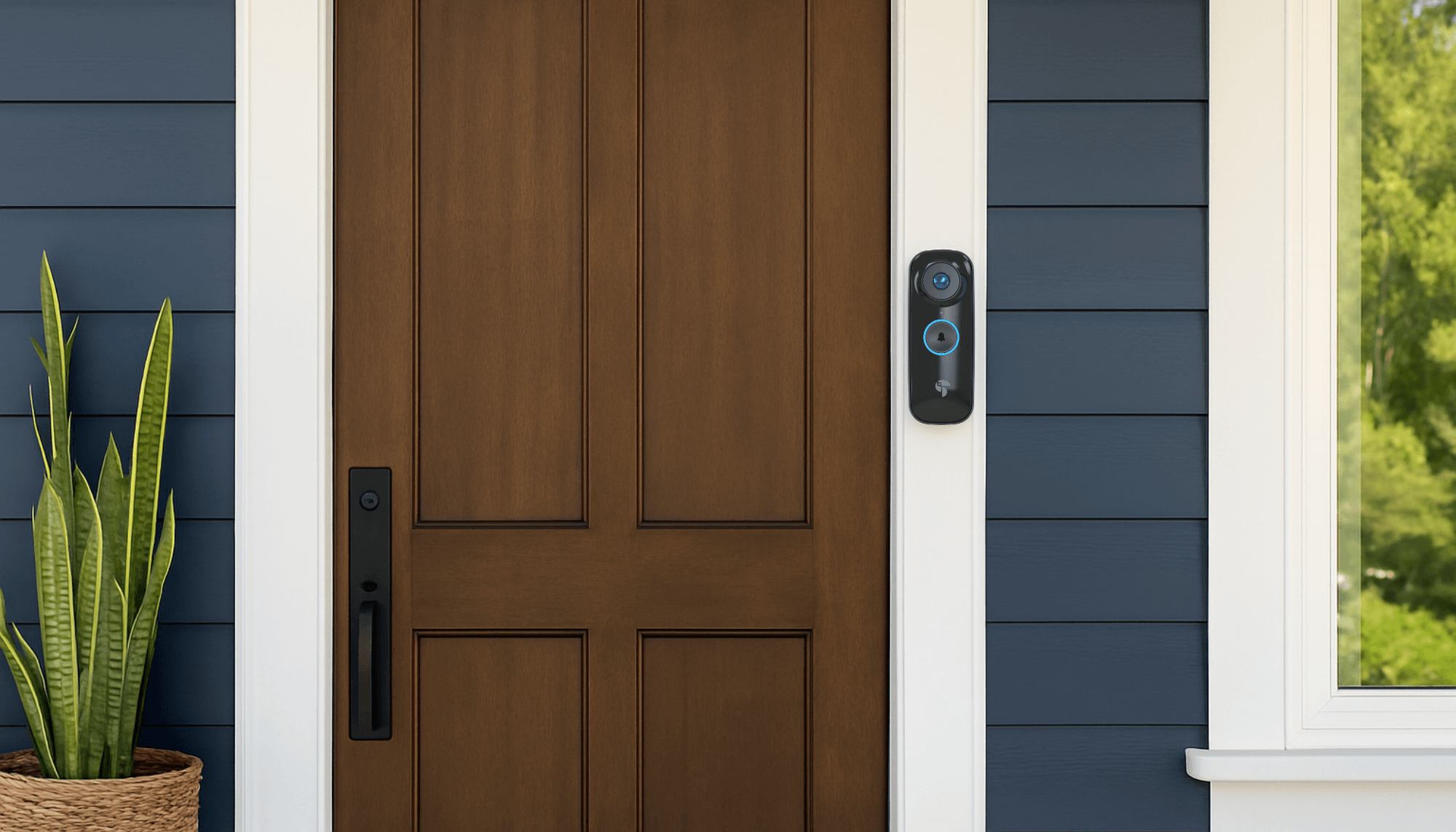 How a Sleek Smart Doorbell Can Transform Your Entryway | photo of a brown front door of a dark blue house with the Toucan Doorbell V3 installed beside it