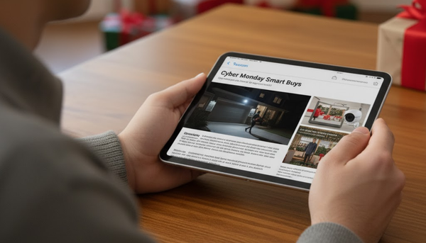 man shopping for smart home security cameras on his tablet on Cyber Monday 