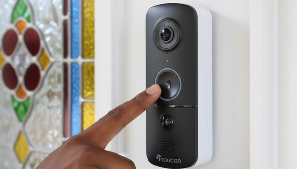 person of color's hand ringing the Toucan Solutions wireless video doorbell camera v3 installed on a white house with a colorful stained glass door