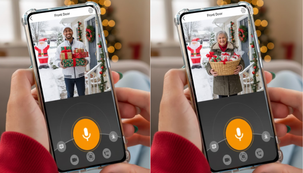 two photos of a woman holding a smartphone on the screen is the livestream of a wireless video doorbell camera showing a man and old lady carrying Christmas presents