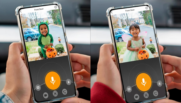 two photos of a woman holding a smartphone on the screen is the livestream of a wireless video doorbell showing a boy and a girl in halloween costumes