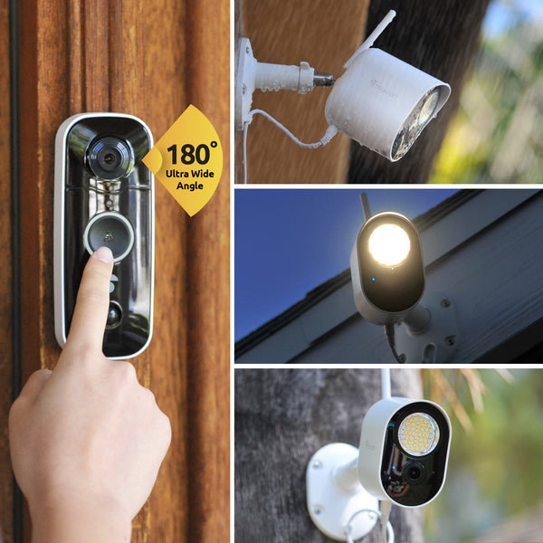 Toucan Security Floodlight Cameras 3-Pack & Wireless Video Doorbell Bundle