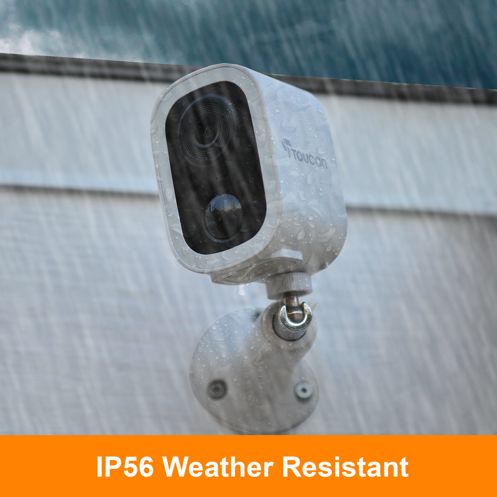 Toucan Weather-resistant security camera on a wall with raindrops, featuring Toucan brand. | Toucan Solution Smart Home Security 