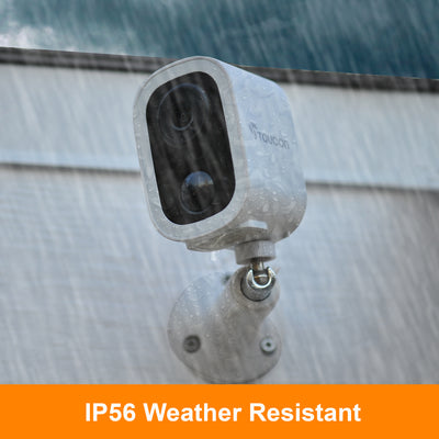 Toucan Weather-resistant security camera on a wall with raindrops, featuring Toucan brand. | Toucan Solution Smart Home Security 