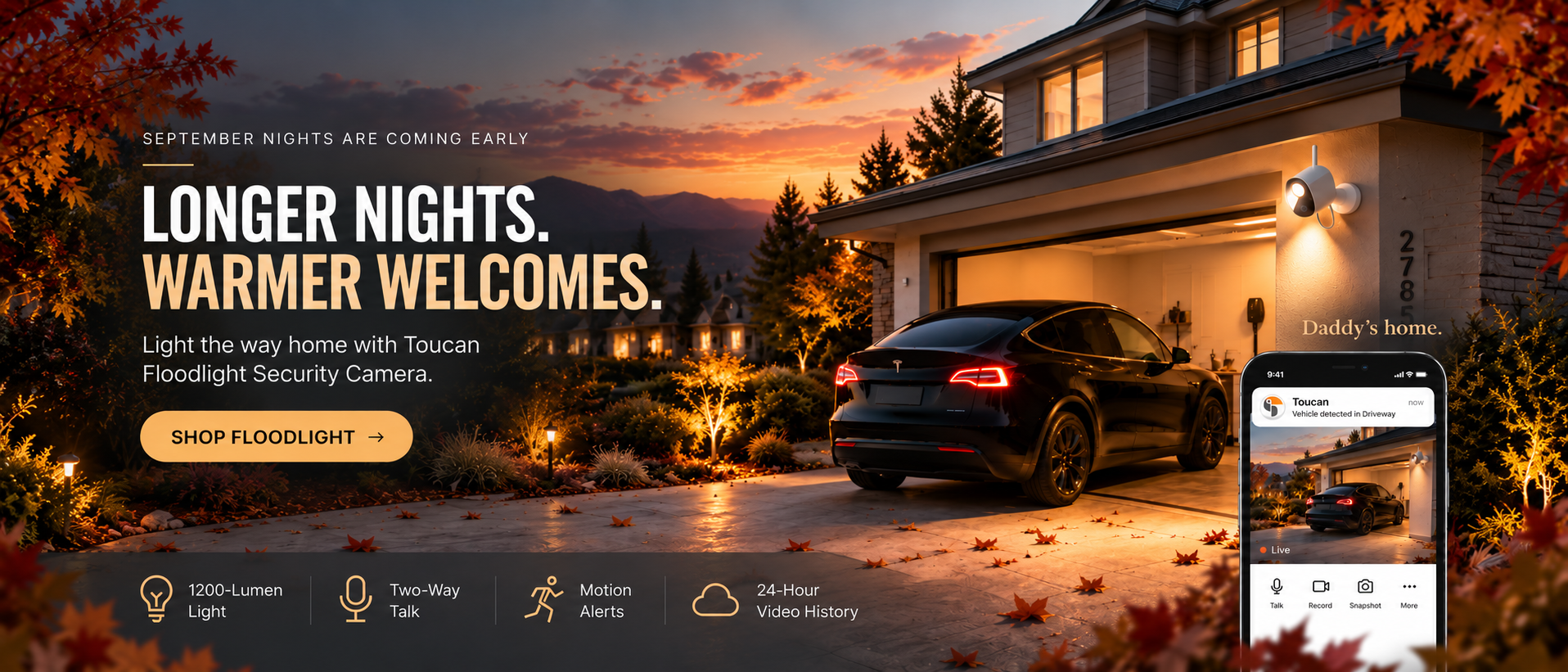 Toucan Floodlight Security Camera lighting an autumn driveway as a car arrives home, with a Toucan app vehicle detection alert.