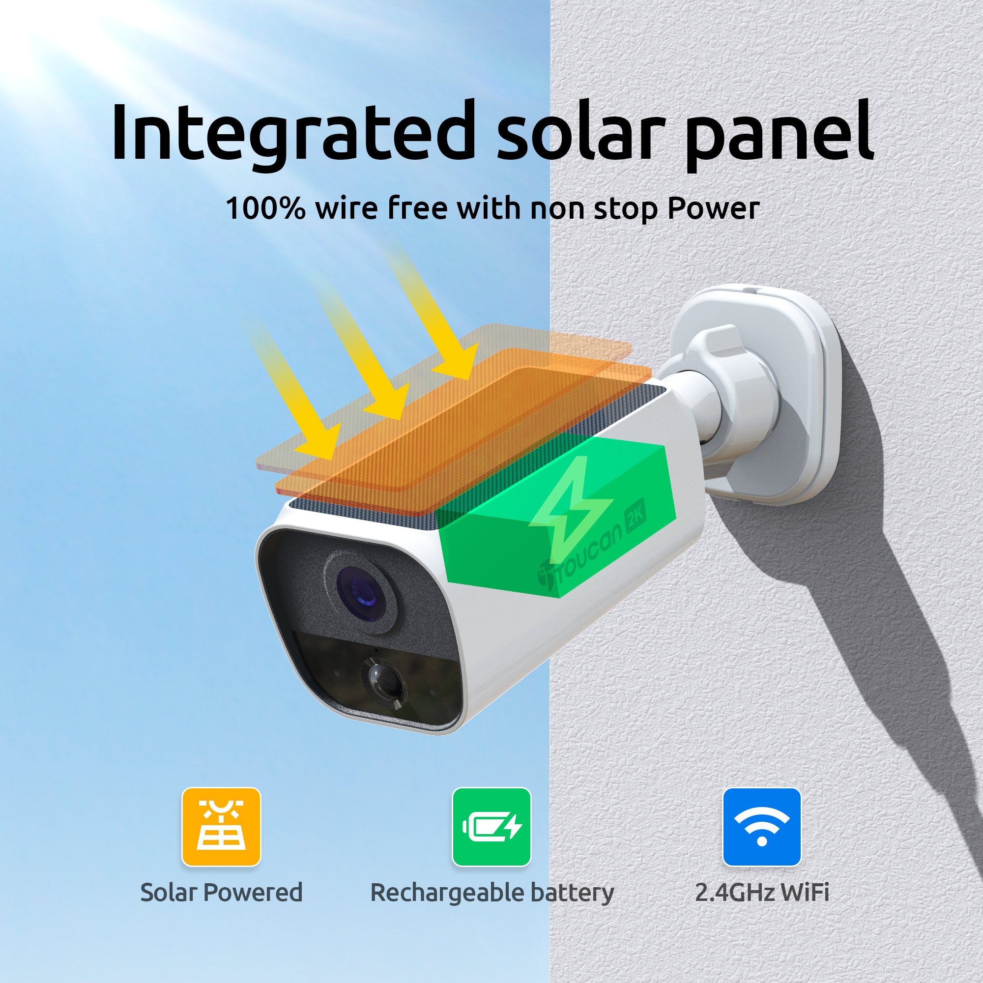 Toucan Wireless Security Camera S4 2 Pack and Wireless Video Doorbell V3D and Solar Wireless Security Camera Bundle