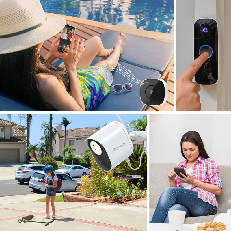 Toucan Security Floodlight Cameras 3-Pack & Wireless Video Doorbell Bundle