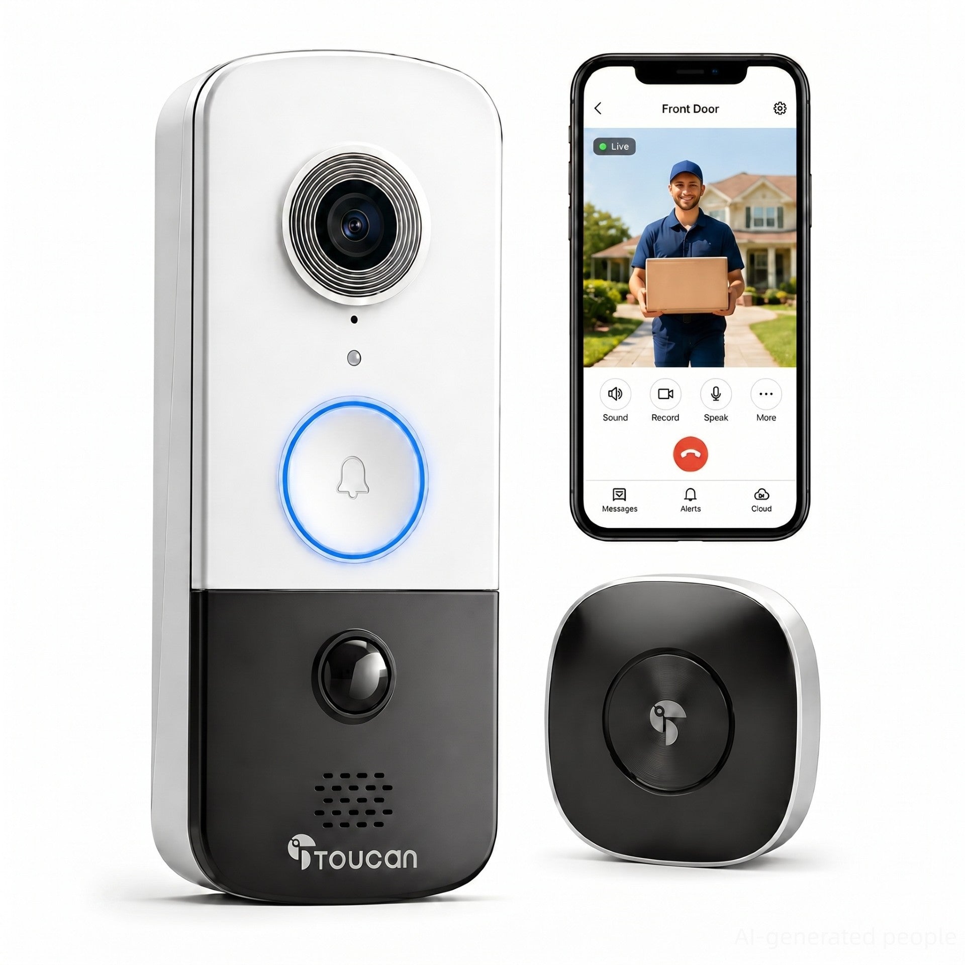 Toucan V3 White wireless video doorbell with indoor chime