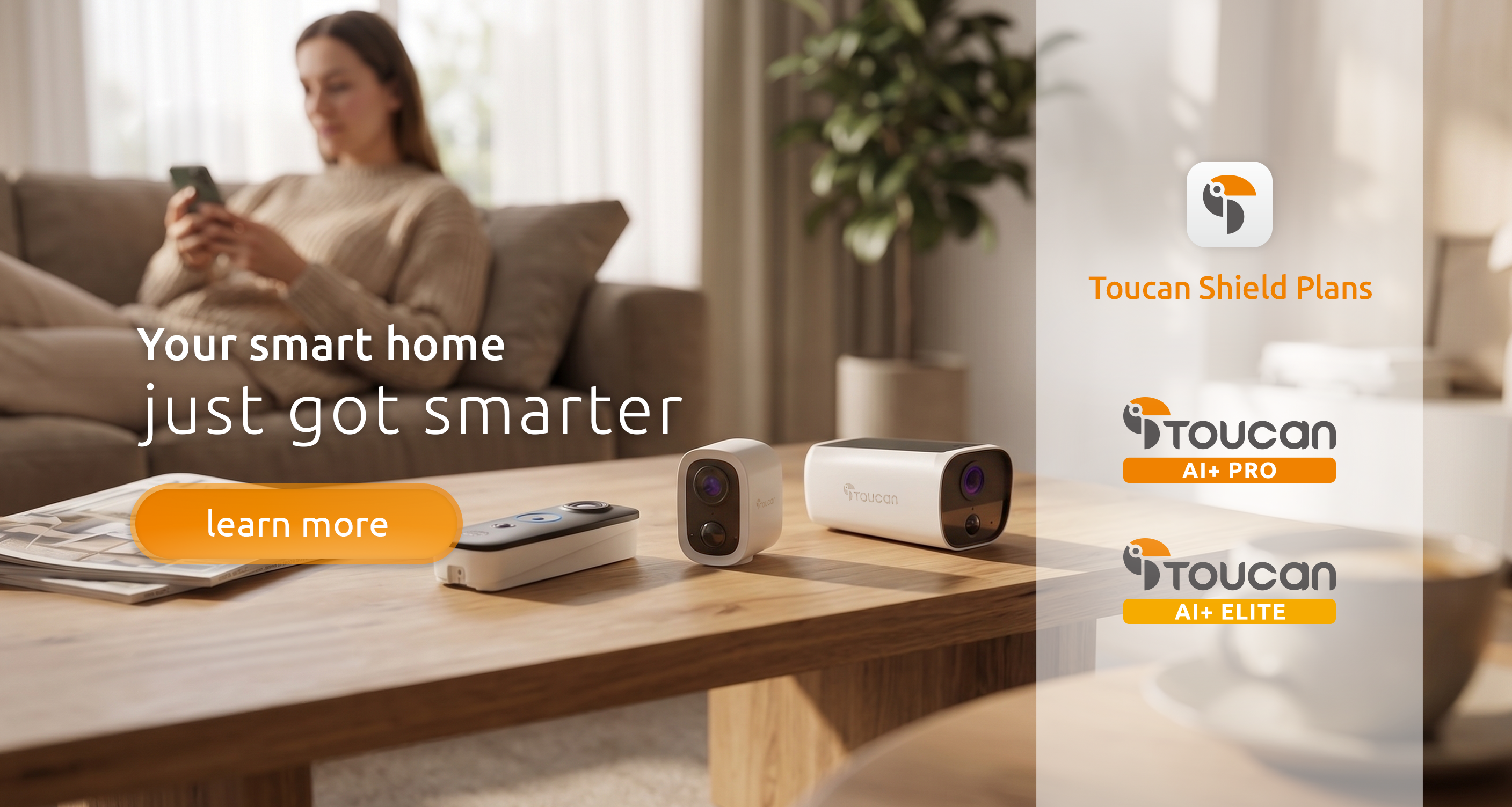 Toucan Shield Plans banner showing Toucan smart home devices on a table with plan options including AI+ Pro and AI+ Elite