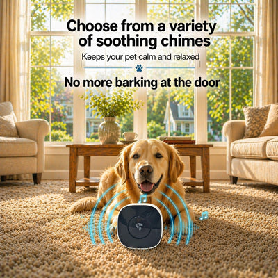 Dog lying on a carpeted floor with a device in front of it, surrounded by a cozy living room.