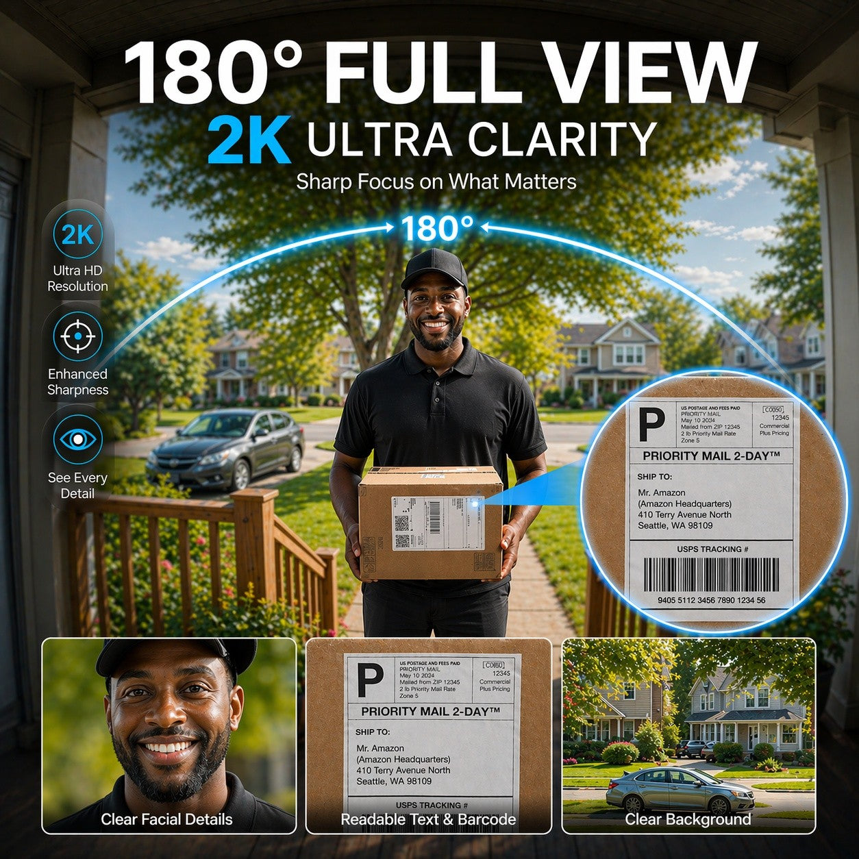 Person delivering a package with 180-degree full view and 2K ultra clarity features highlighted.