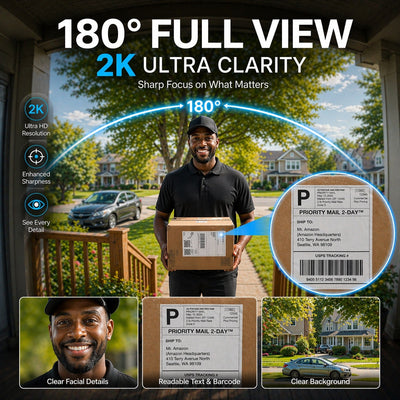 Person delivering a package with 180-degree full view and 2K ultra clarity features highlighted.