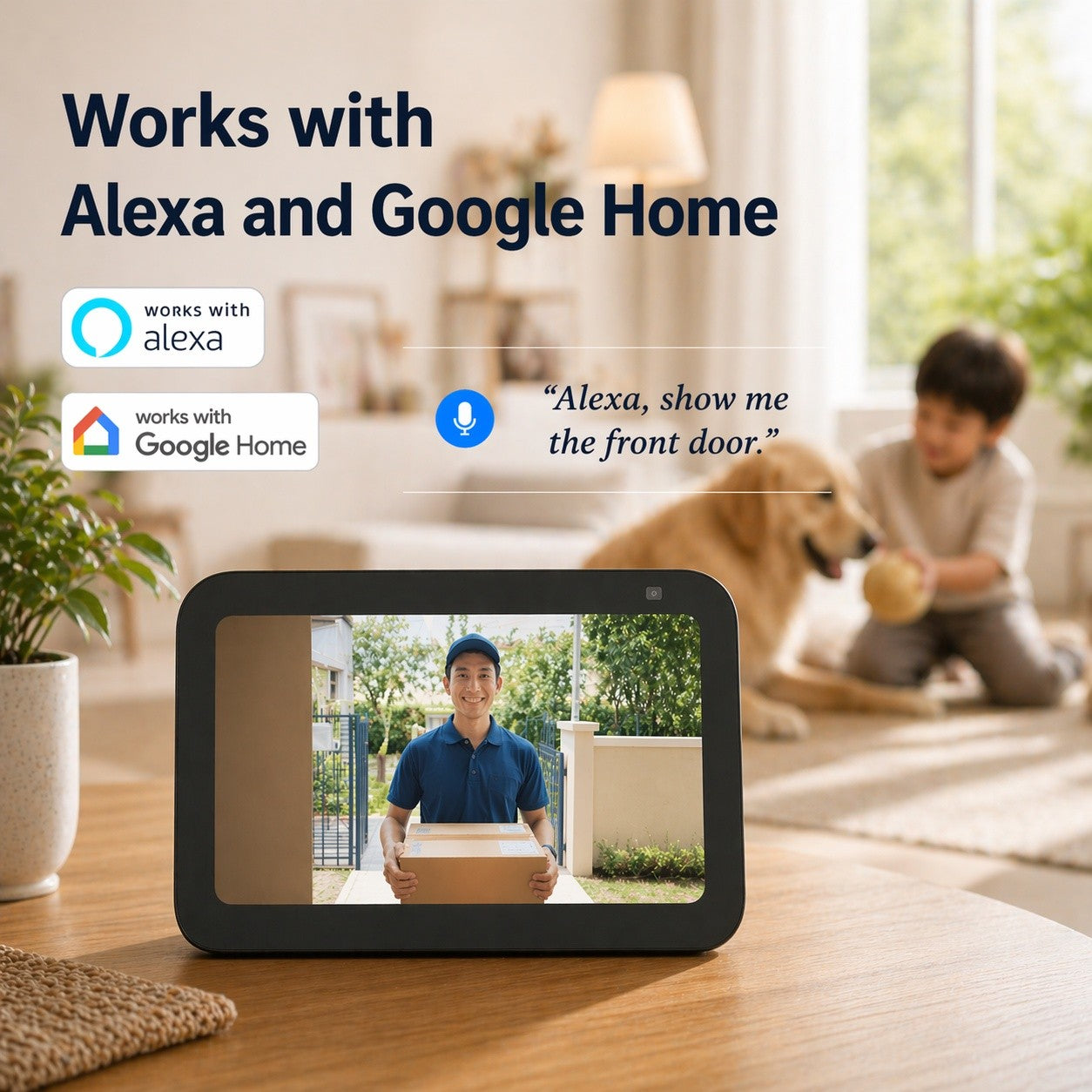 A smart video doorbell camera sits on a wooden table in a bright living room, showing a live video call with a delivery person. Large text reads 'Works with Alexa and Google Home,' with Alexa and Google Home logos and a sample voice command.