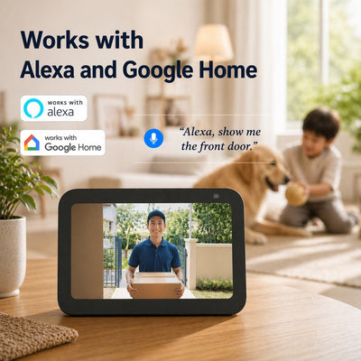 A smart video doorbell camera sits on a wooden table in a bright living room, showing a live video call with a delivery person. Large text reads 'Works with Alexa and Google Home,' with Alexa and Google Home logos and a sample voice command.