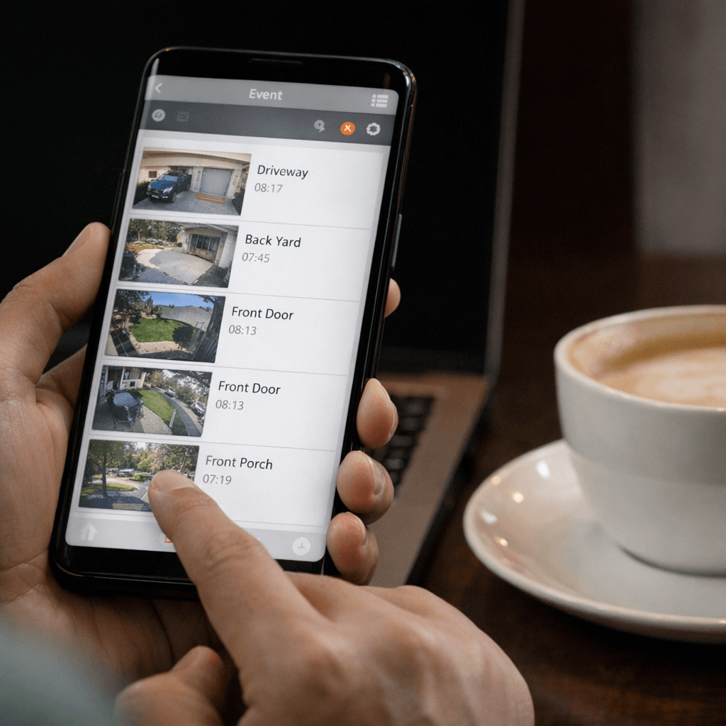 Toucan Smart Home app displaying camera events from multiple devices