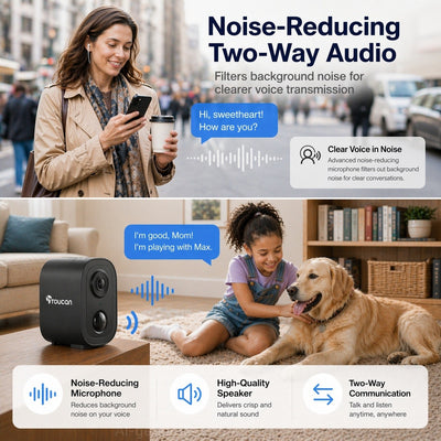 Promotional graphic for a black two-way audio noise-reducing speaker. The top half shows a woman using a phone in a city while the speaker is not visible, with text explaining noise reduction.