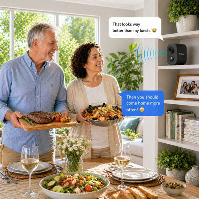 Man and woman in a kitchen with food and a smart speaker, discussing meal options.