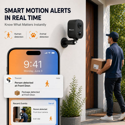 Smart home security camera with motion alerts displayed on a smartphone, and a person delivering a package.