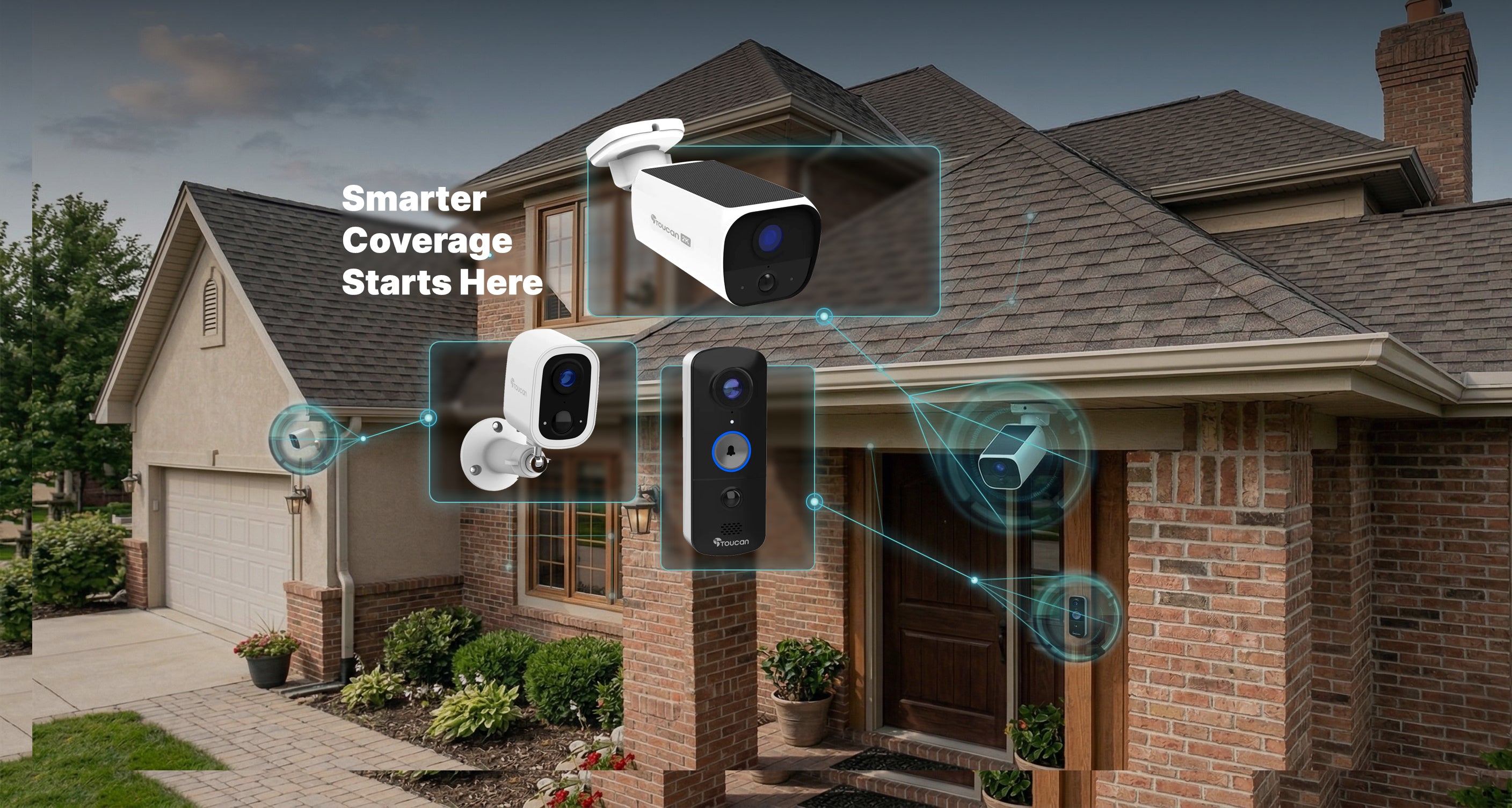 wireless home security system protecting modern family home with cameras and video doorbell