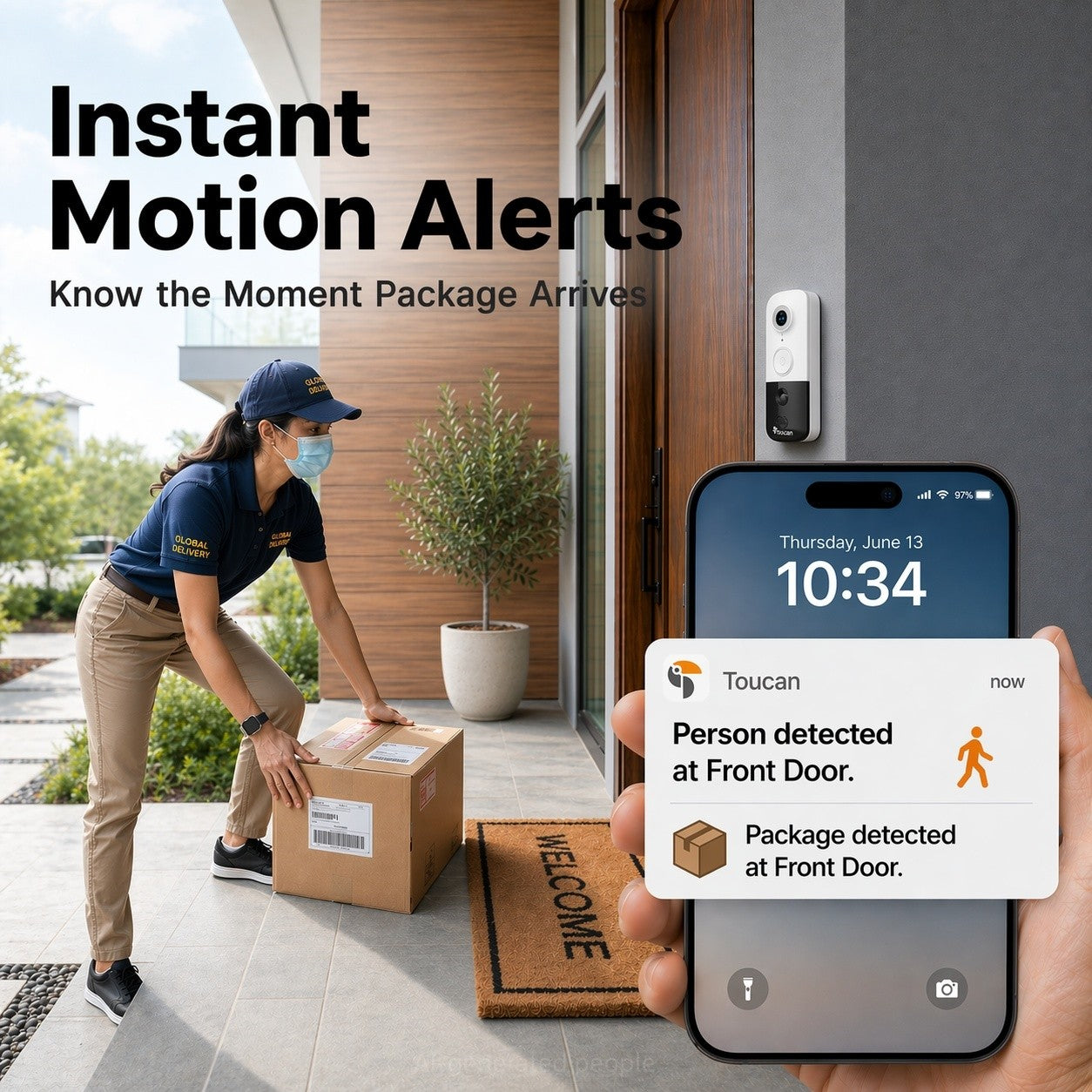 Person delivering a package with instant motion alerts on a smartphone screen.