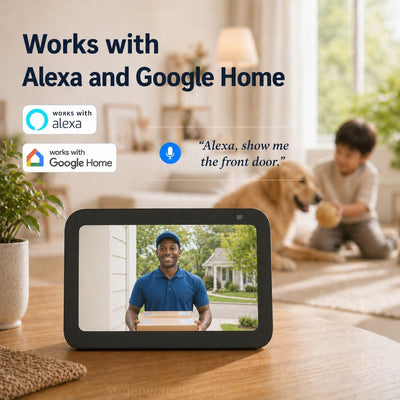 A smart display tablet sits on a wooden table in a living room setting, showing a video call with a delivery person. The image includes promotional text stating 'Works with Alexa and Google Home' along with Alexa and Google Home logos, and a blurred background showing a child and a dog in a living room.
