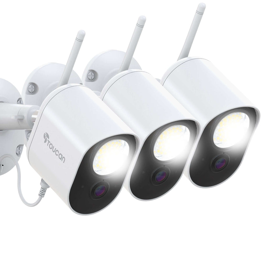 Three Toucan outdoor floodlight security cameras