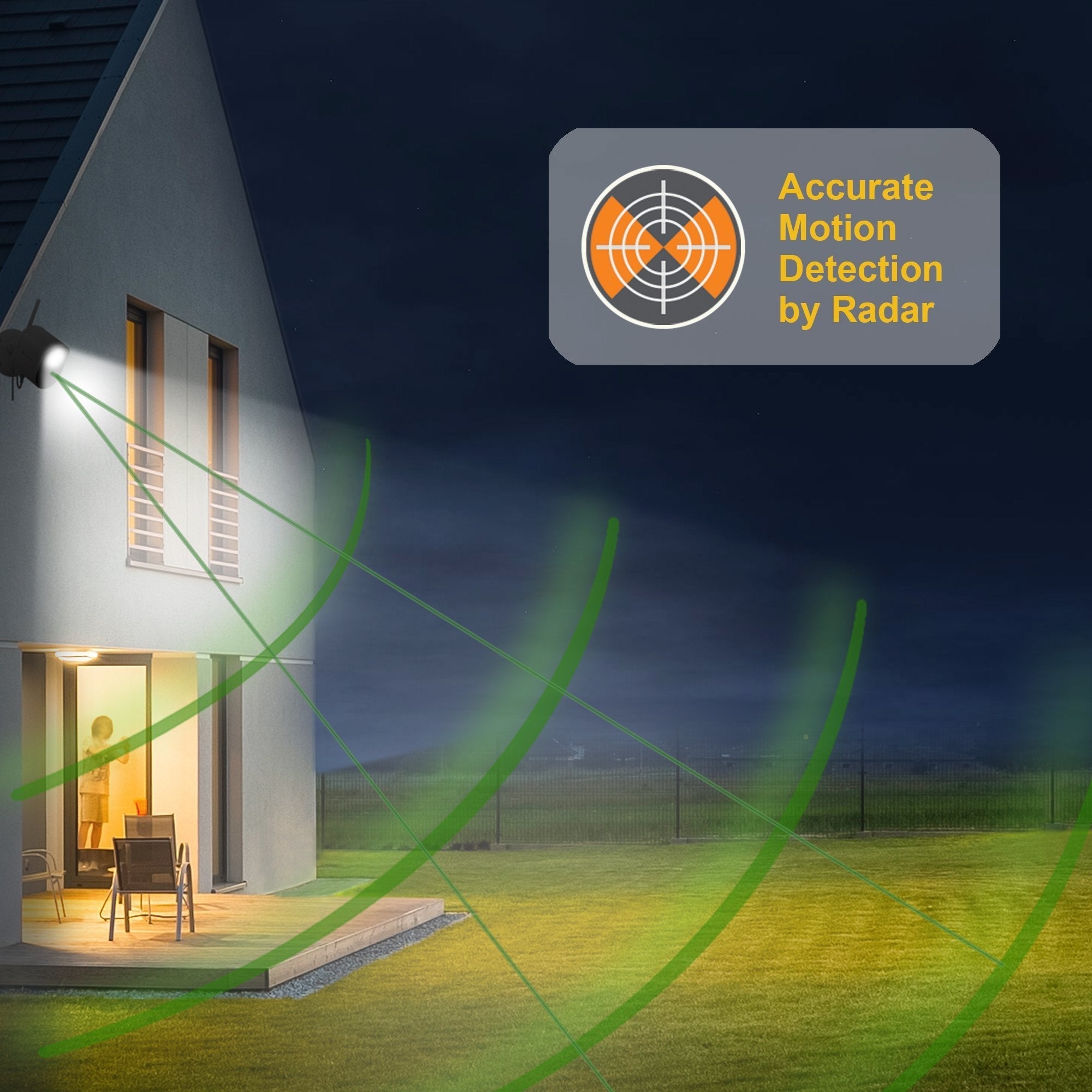 Toucan Security Floodlight Camera showcasing accurate radar motion detection at night.